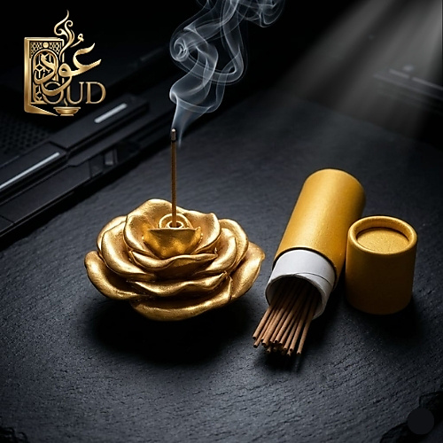 وردة السيراميك الذهبية مع 20 عوداً من البخور الكمبودي