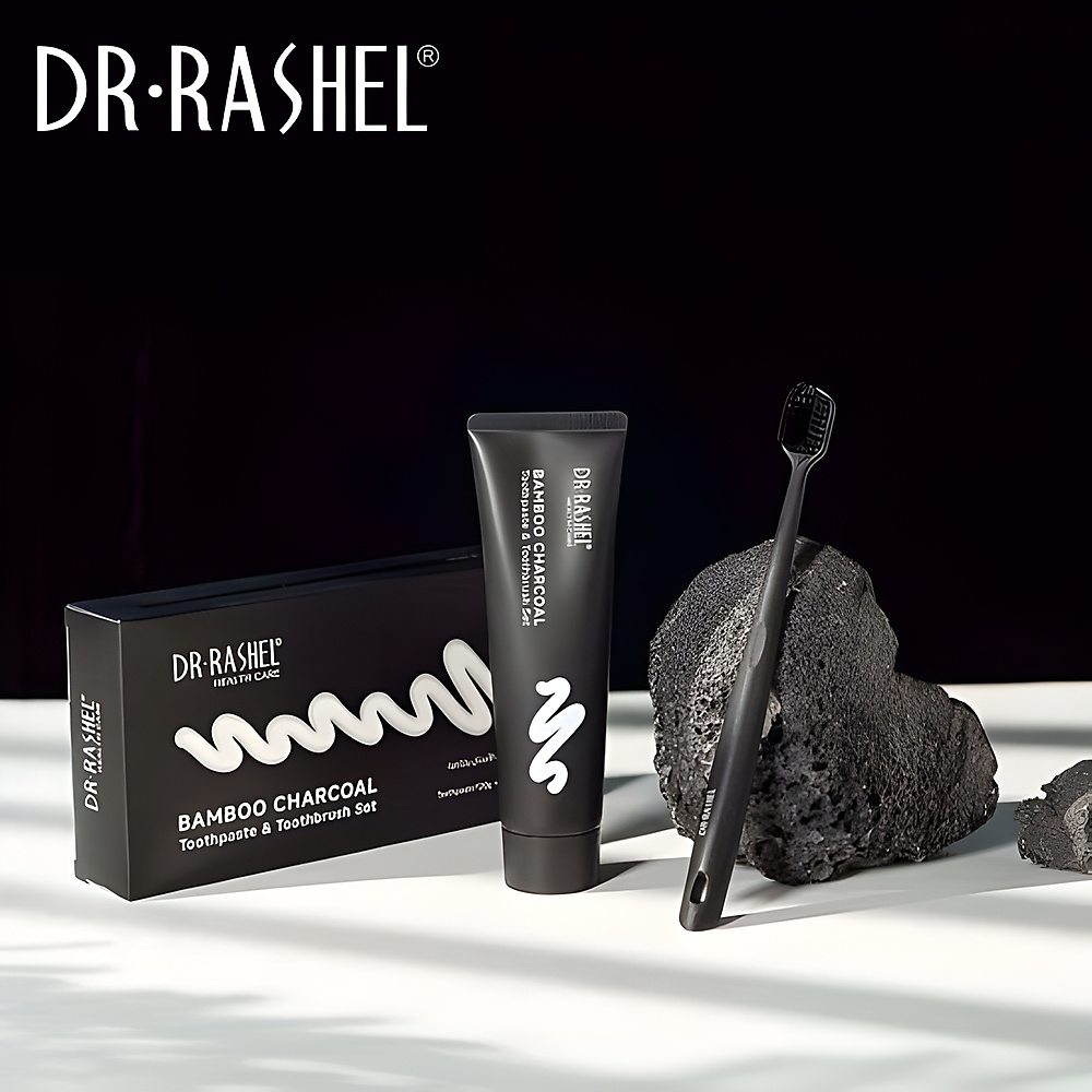 مجموعة معجون أسنان وفرشاة أسنان من دكتور راشيل بفحم الخيزران