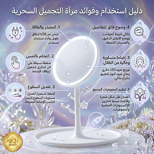مرآة مكياج بيضاء بإضاءة ليد قابلة للتعديل – قطعة واحدة