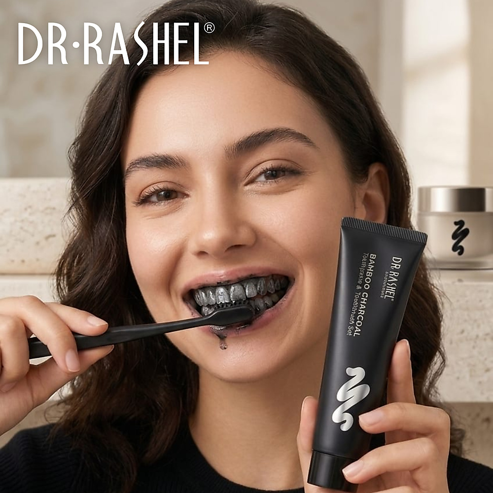 مجموعة معجون أسنان وفرشاة أسنان من دكتور راشيل بفحم الخيزران