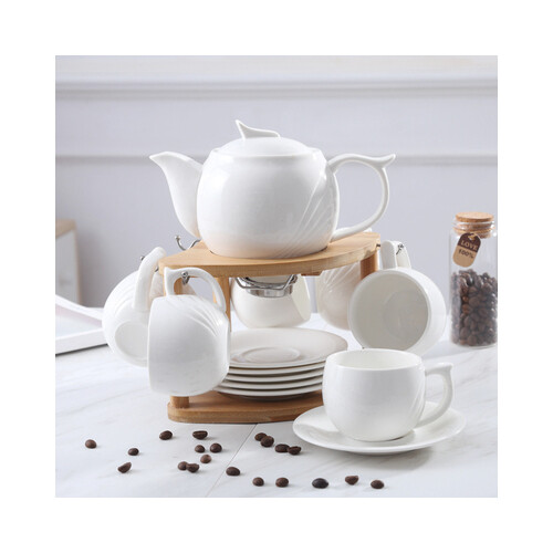 طقم شاي أبيض مع ستاند خشب