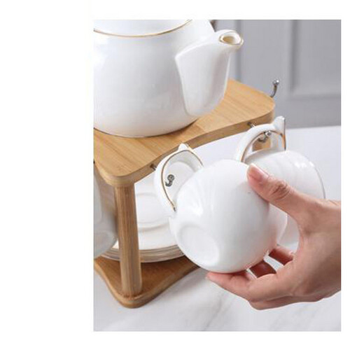 طقم شاي أبيض مع ستاند خشب