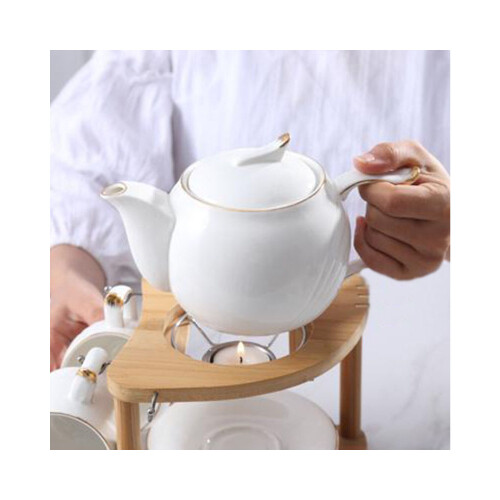 طقم شاي أبيض مع ستاند خشب