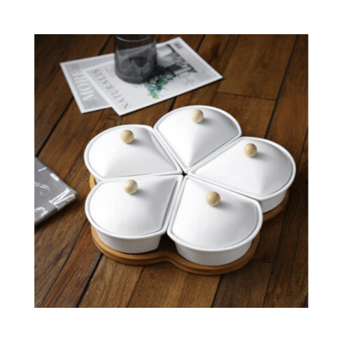 وعاء تقديم سيراميك مع غطاء وقاعدة خشبية