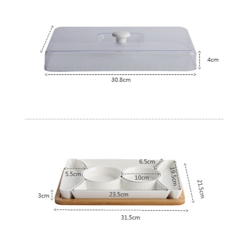 وعاء زجاج مع صينية خشب وغطاء بلاستيكي