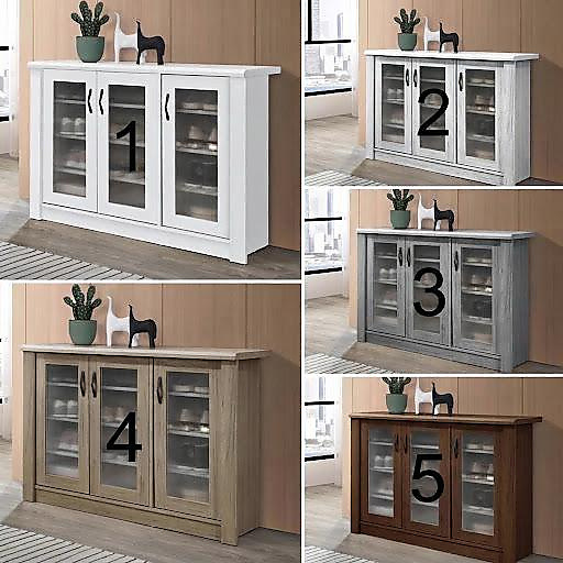 3-door cabinet with transparent doors; width 115, height 90, depth 36.