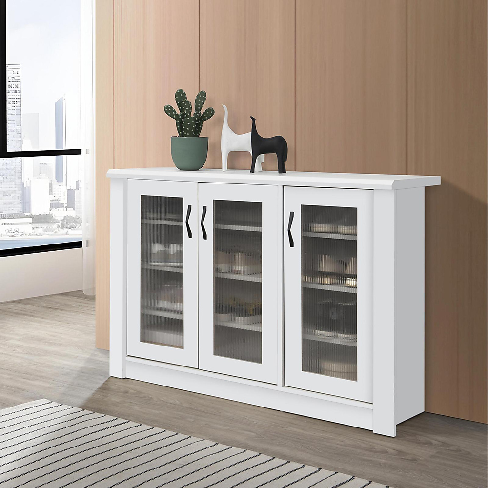 3-door cabinet with transparent doors; width 115, height 90, depth 36.