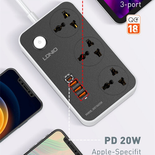 اشتراك كهربائى 3 مخارج بطول 2 متر مع 3 منافUSB ومنفذ USBC PDذ