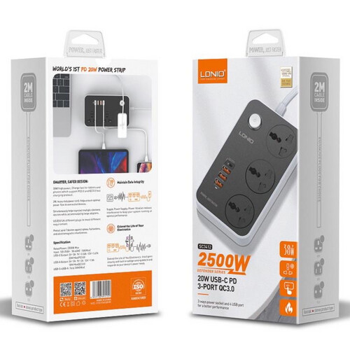 اشتراك كهربائى 3 مخارج بطول 2 متر مع 3 منافUSB ومنفذ USBC PDذ