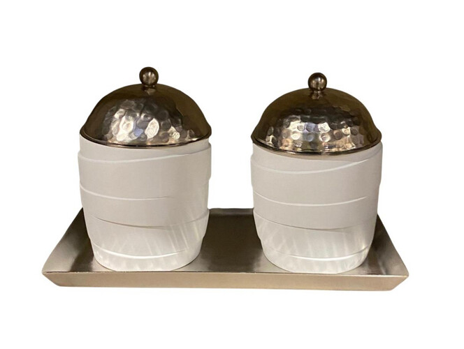White Container with silver  tray set of 3
