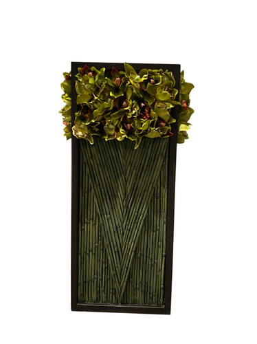 Artificially Green Flowers and Small Bamboo in Metal Stand