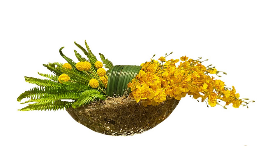 Craspedia, Samambaia with Oncidium Flower in Oval Crystal Bowl