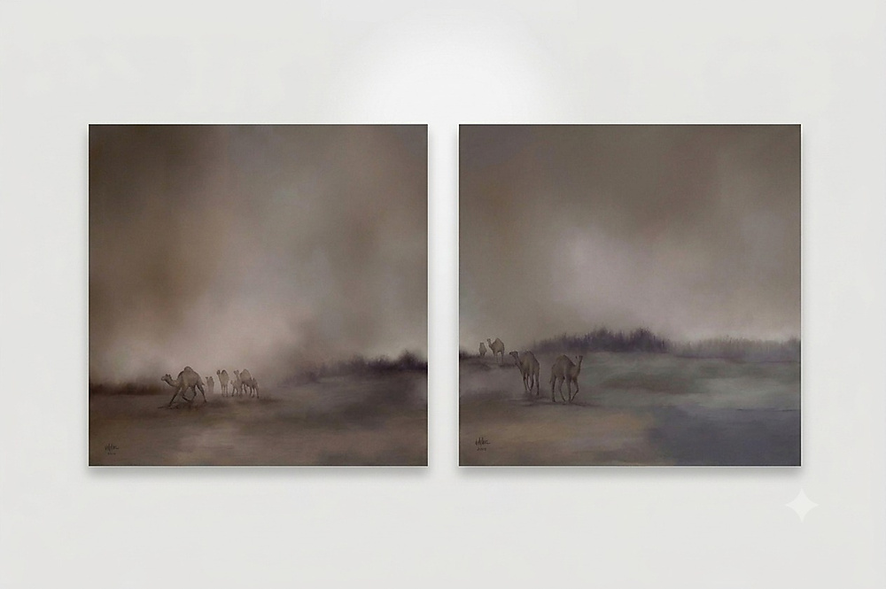 canvas painting with camels in desert  set of 2 pcs