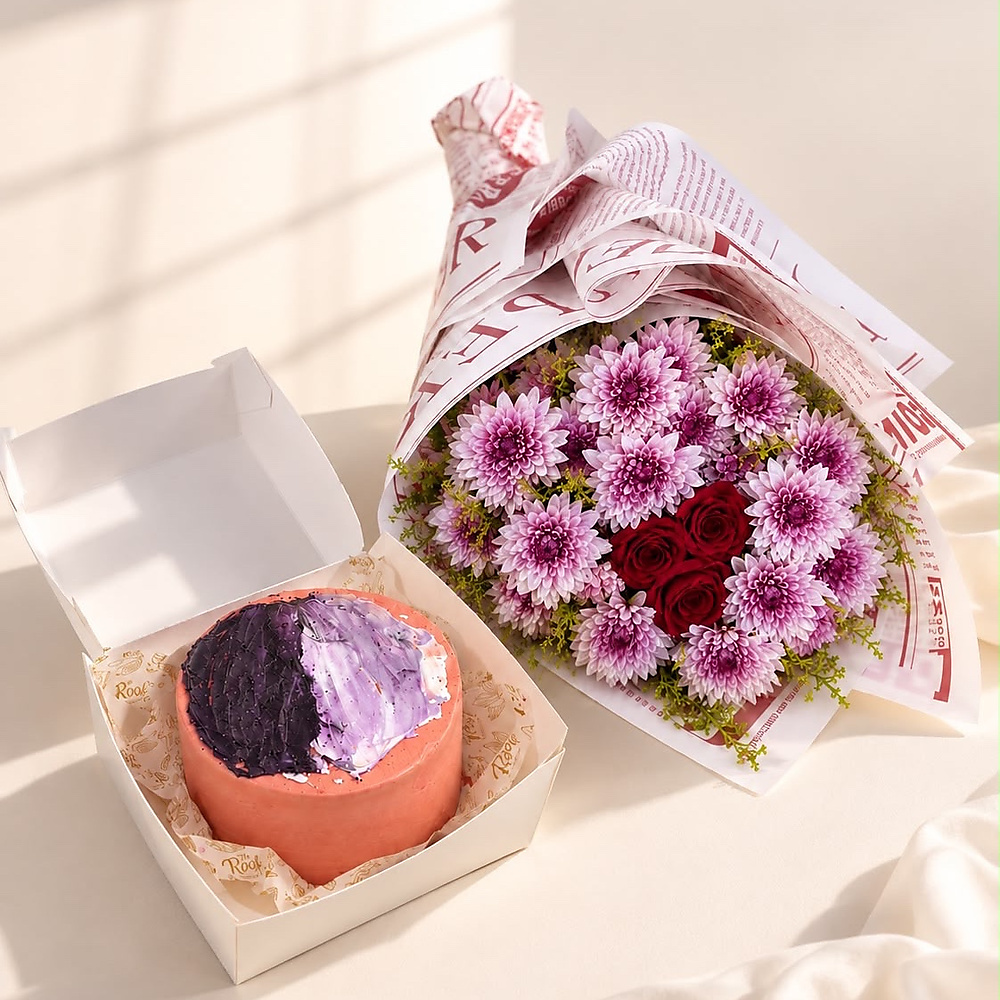 cake with a fresh rose bouquet (1)