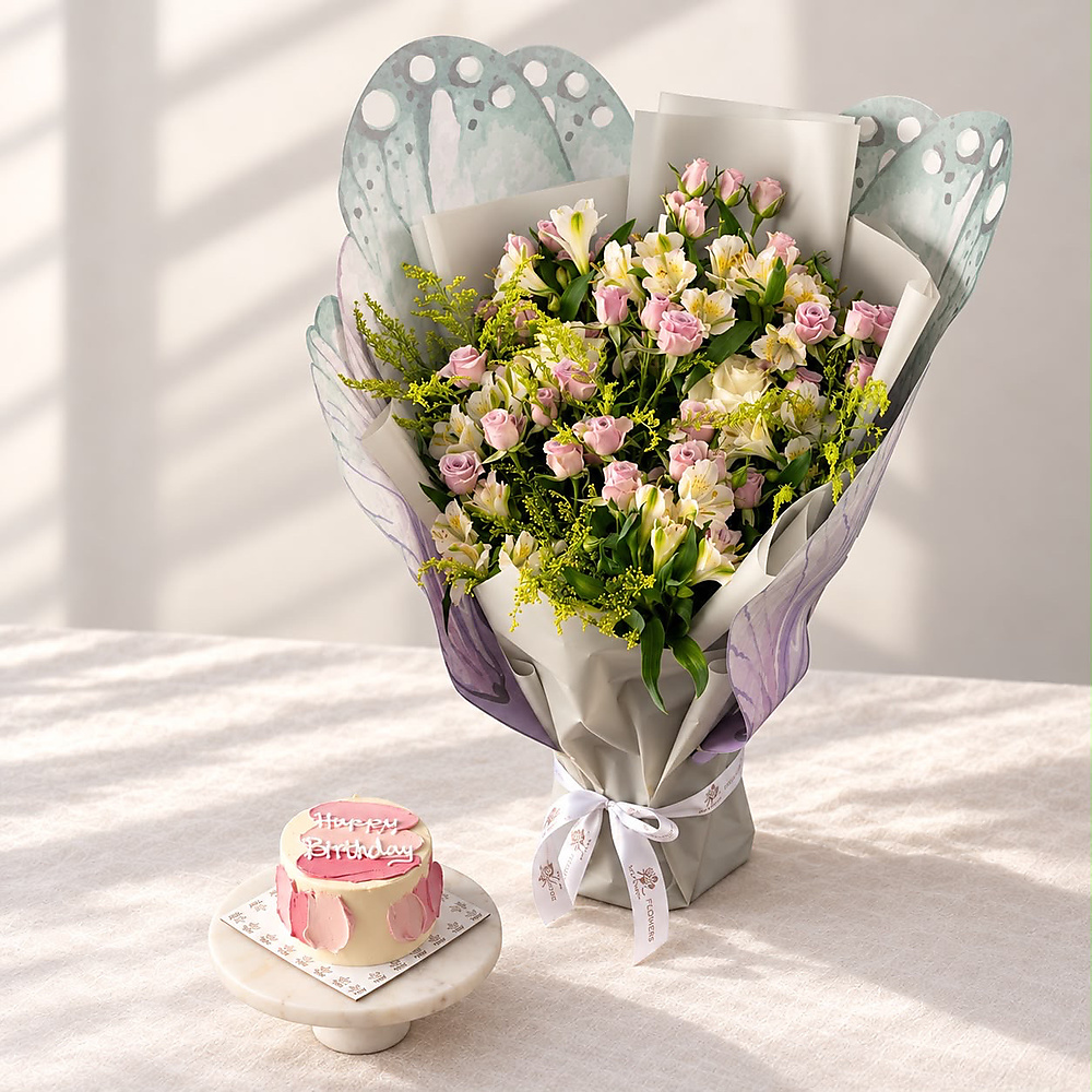 cake with a fresh rose bouquet (3)