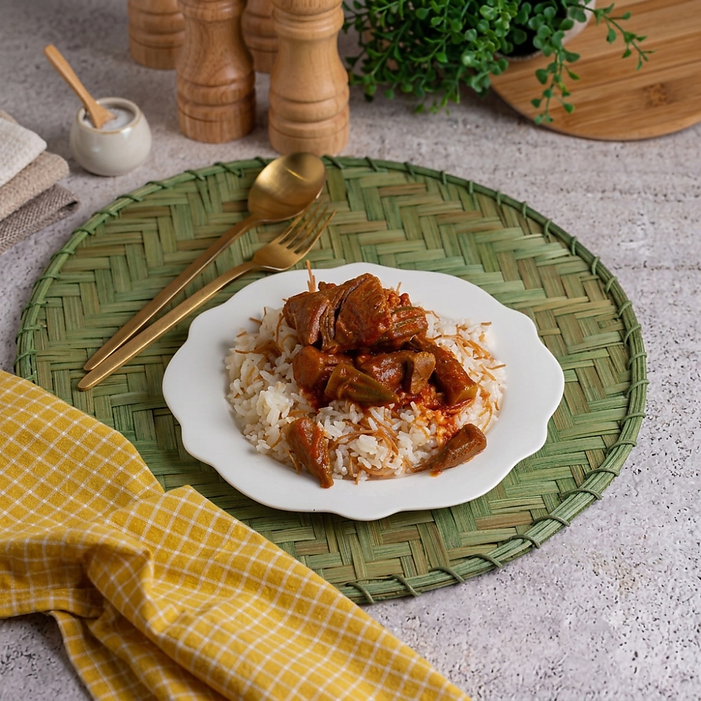 Okra Stew With Meat And Vermicelli Rice