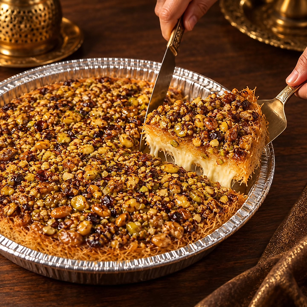 Kenafa with heavy cream and caramalised pistachios