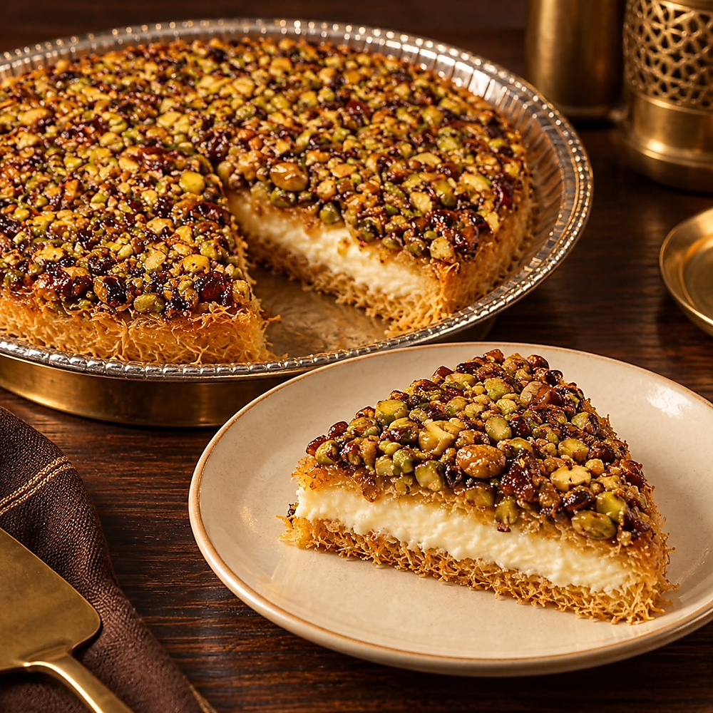 Kenafa with heavy cream and caramalised pistachios