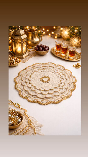 Off-white handmade tablecloth with gold thread trim