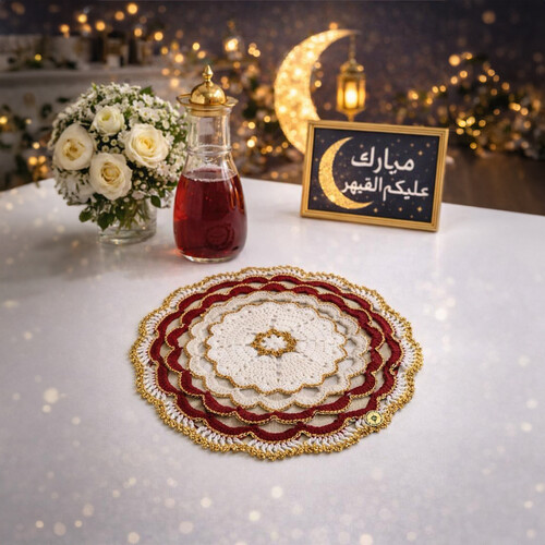 Red handmade tablecloth with gold thread trim