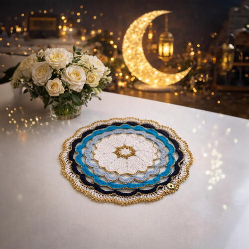 Navy and Light Blue handmade tablecloth with gold thread trim