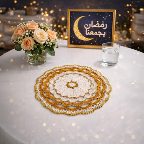 Honey-colored handmade tablecloth with gold thread trim