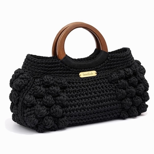 Popcorn Crochet Bag with Wooden Handle – Black