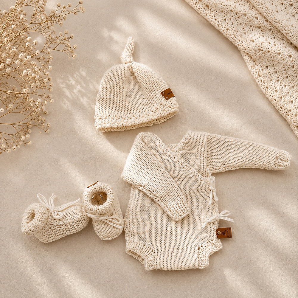 Handmade Knitted Newborn Set – 3 Pieces 🤍