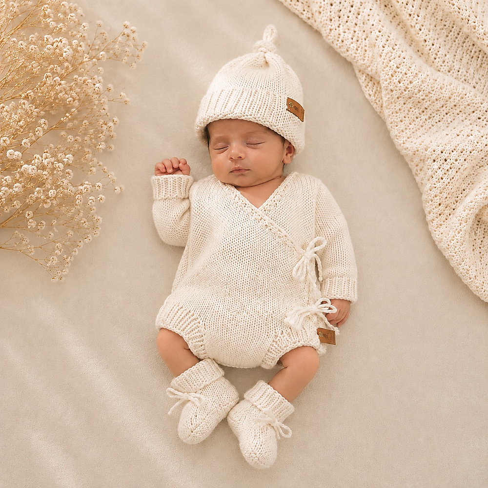Handmade Knitted Newborn Set – 3 Pieces 🤍