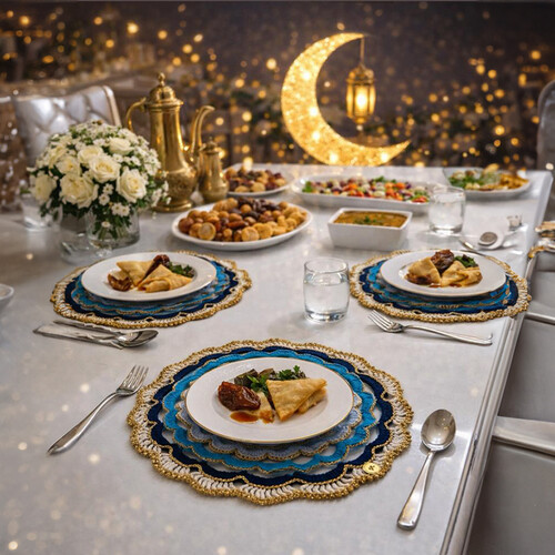 Navy and Light Blue handmade tablecloth with gold thread trim