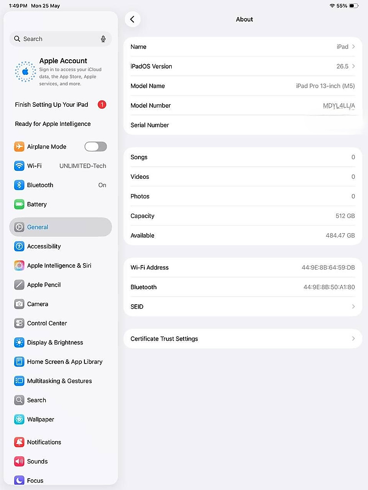 iPad Pro 13-inch M5 512GB Space Black 100% Battery Used Like New