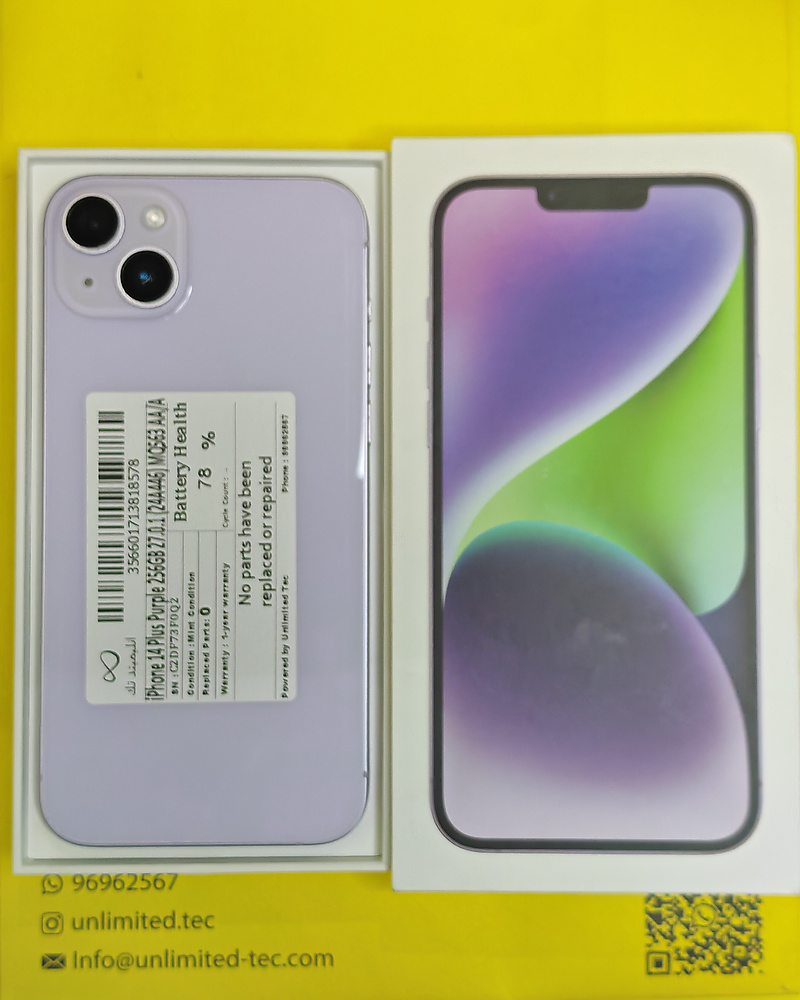 iPhone 14 Plus 256GB Purple – Battery 78% With Box Used Like New