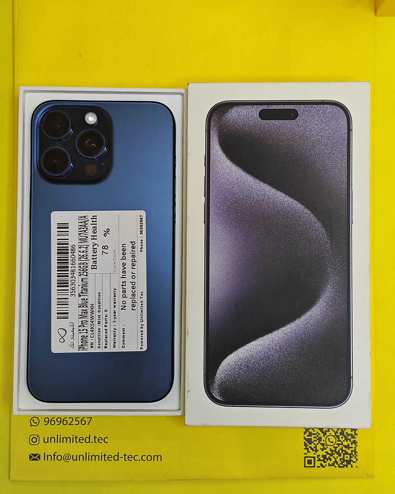 iPhone 15 Pro Max 256GB Blue Titanium – Battery 78% With Box Used Like New