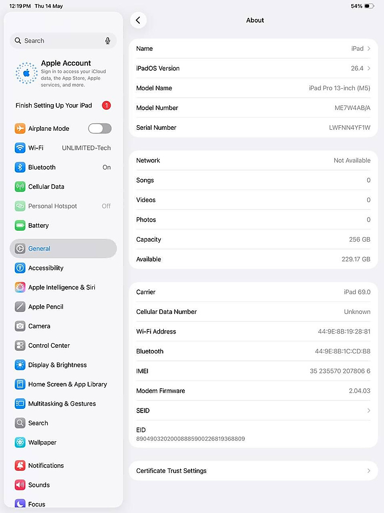 iPad Pro 13 M5 Black Cellular 100% (7 Cycles) Original With Box In Box