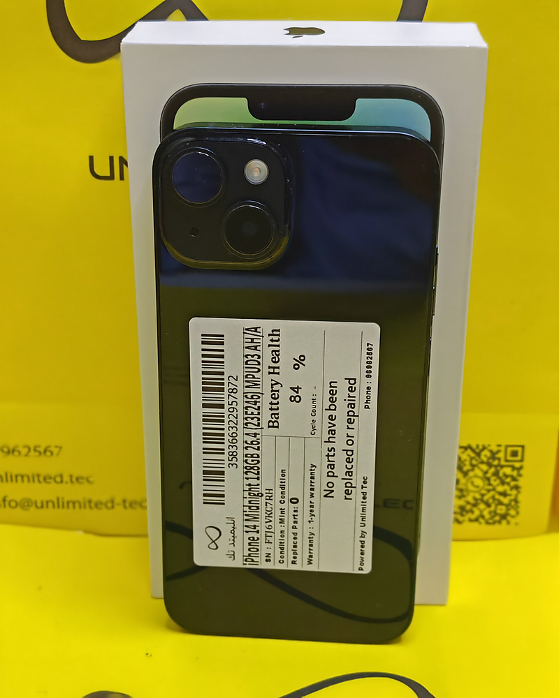iPhone 14 128GB Midnight – Battery 84% With Box Used Like New