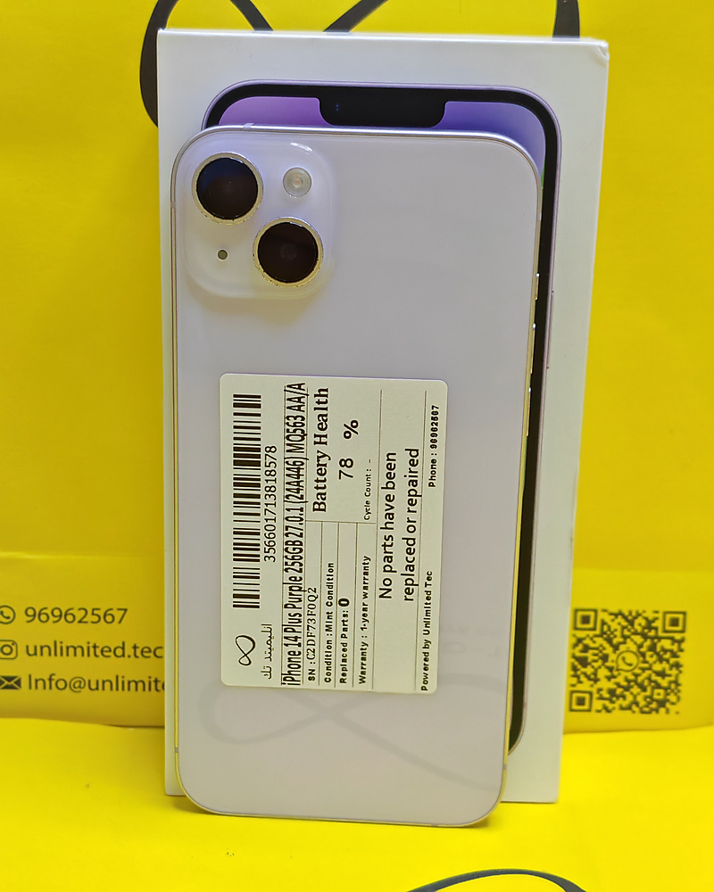 iPhone 14 Plus 256GB Purple – Battery 78% With Box Used Like New