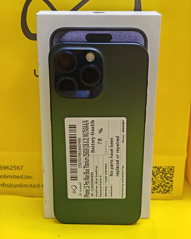 iPhone 15 Pro Max 256GB Blue Titanium – Battery 78% With Box Used Like New