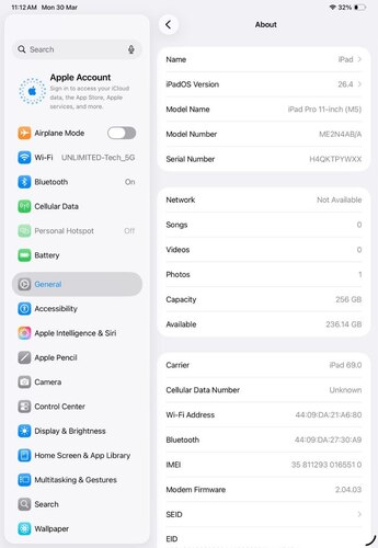 ايباد برو 11 انش الجيل الأحدث M5 – 256 جيجا – 5G مستعمل كالجديد - شريحة