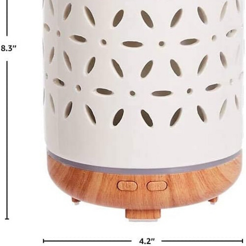 موزع زيوت عطرية بالموجات فوق الصوتية الأساسية خزفي 120 مل بقاعدة خشبية داكنة منقوشة زهرية -J-