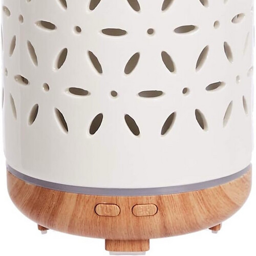 موزع زيوت عطرية بالموجات فوق الصوتية الأساسية خزفي 120 مل بقاعدة خشبية داكنة منقوشة زهرية -J-