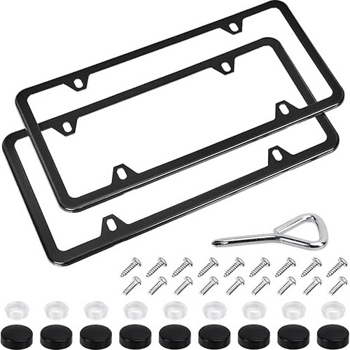 Basics Stainless Steel License Plate Frame Pair with Screw Caps - 4-Hole, 12.2″ x 6.3″, Black