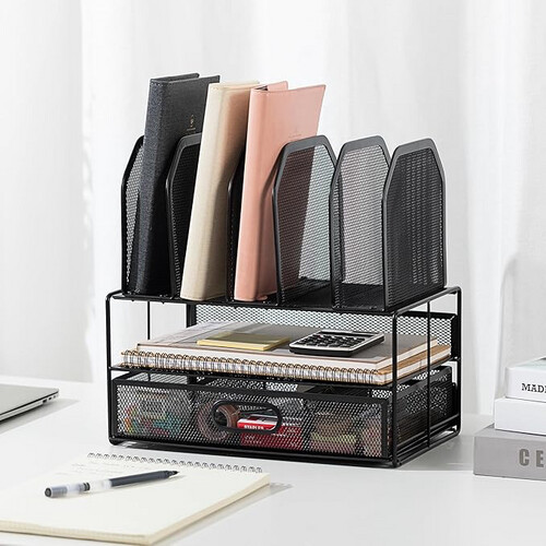 Basics Mesh Desk Organizer with Sliding Drawer, Double Tray and 5 Upright Sections, Black