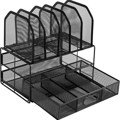 Basics Mesh Desk Organizer with Sliding Drawer, Double Tray and 5 Upright Sections, Black