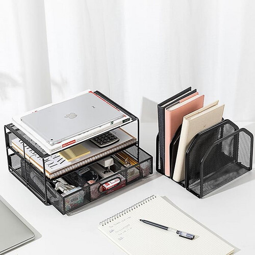 Basics Mesh Desk Organizer with Sliding Drawer, Double Tray and 5 Upright Sections, Black