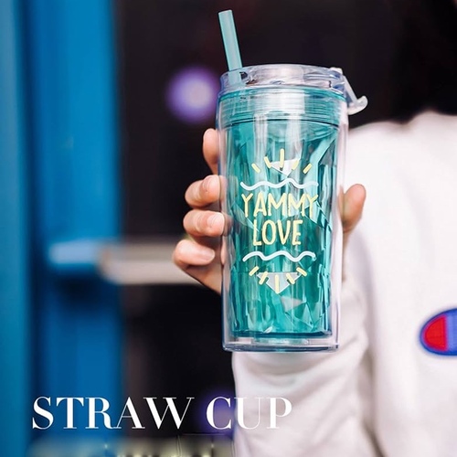 Water bottle cup with lid, leak-proof, for direct drinking, crystal design, plastic