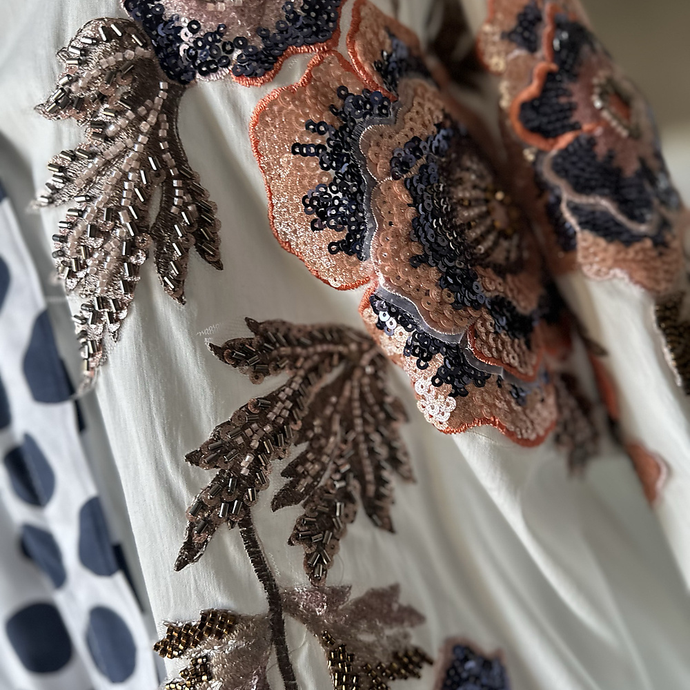 navy peach polka