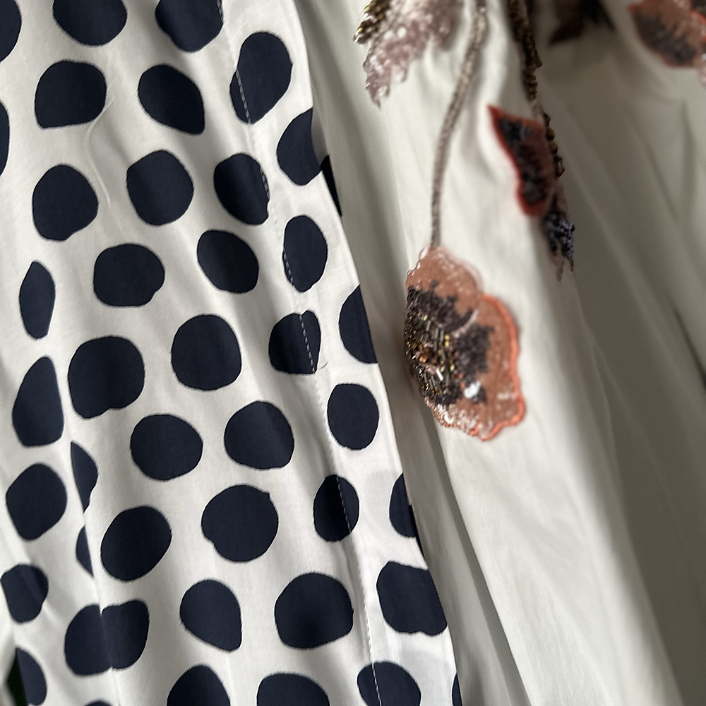 navy peach polka