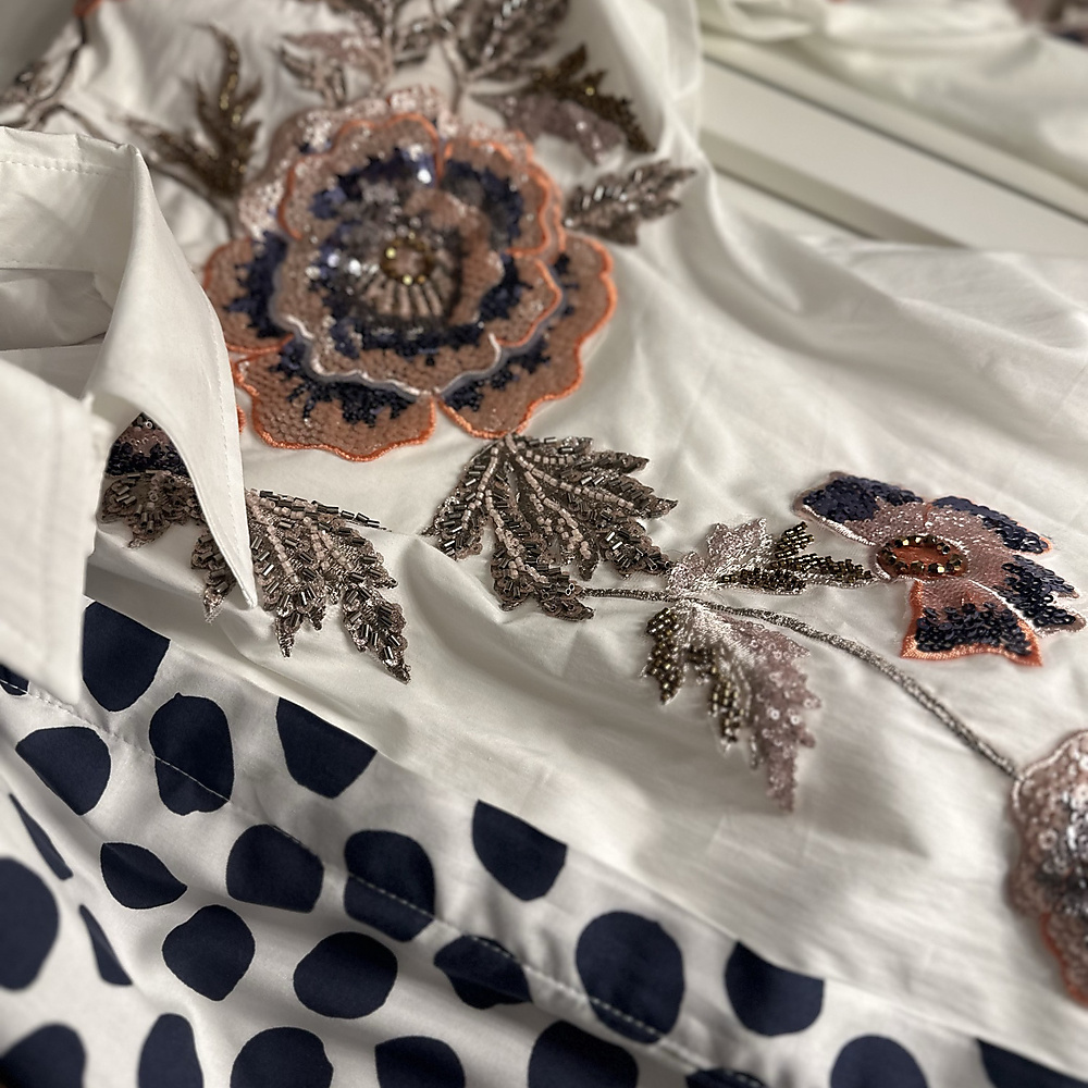 navy peach polka