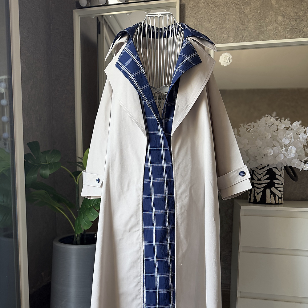 blue beige trench coat