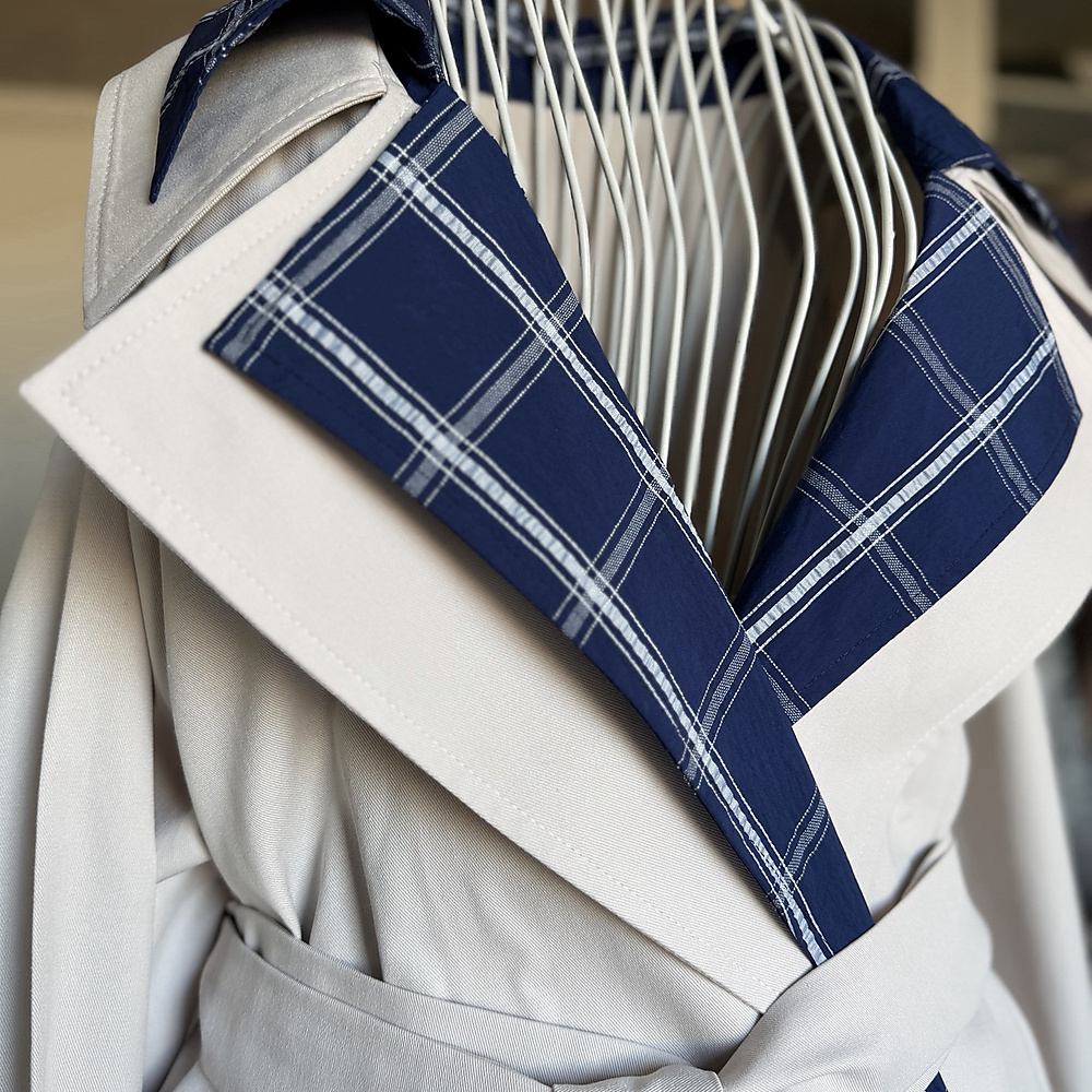 blue beige trench coat